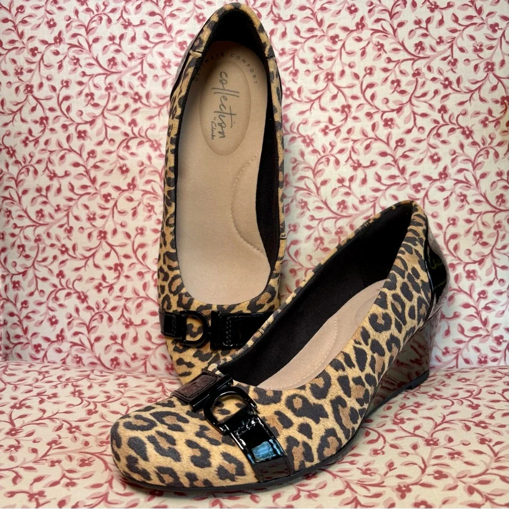 Clarks Leopard Flores Poppy Wedge Pumps